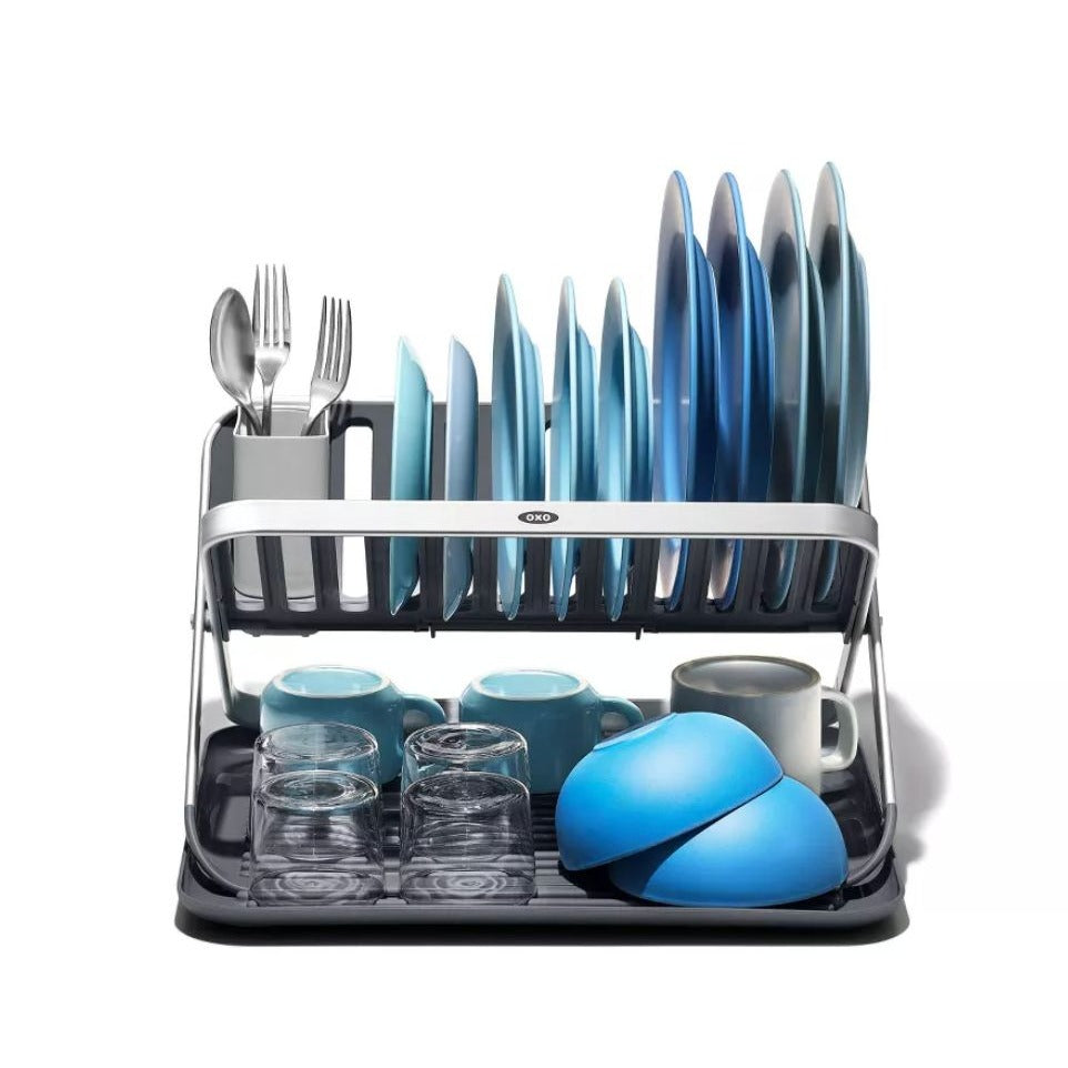 OXO SoftWorks Aluminum Fold Flat Dish Rack With Drain Board - Rust-Proof Space-Saving Design And Non-Slip Feet For Stable Drying