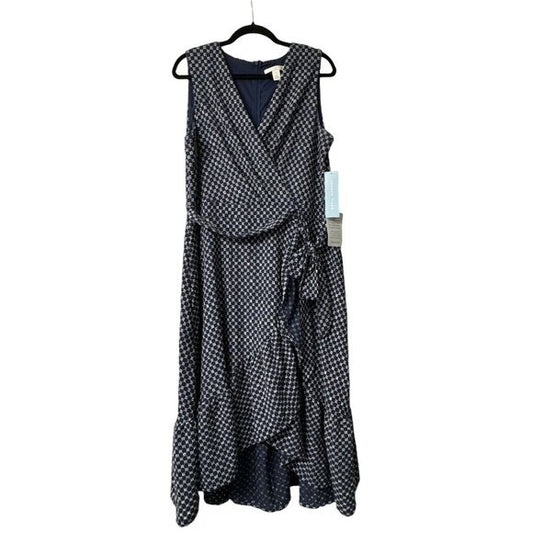 London Times Navy & White Sleeveless Wrap Midi Dress Size 16 US