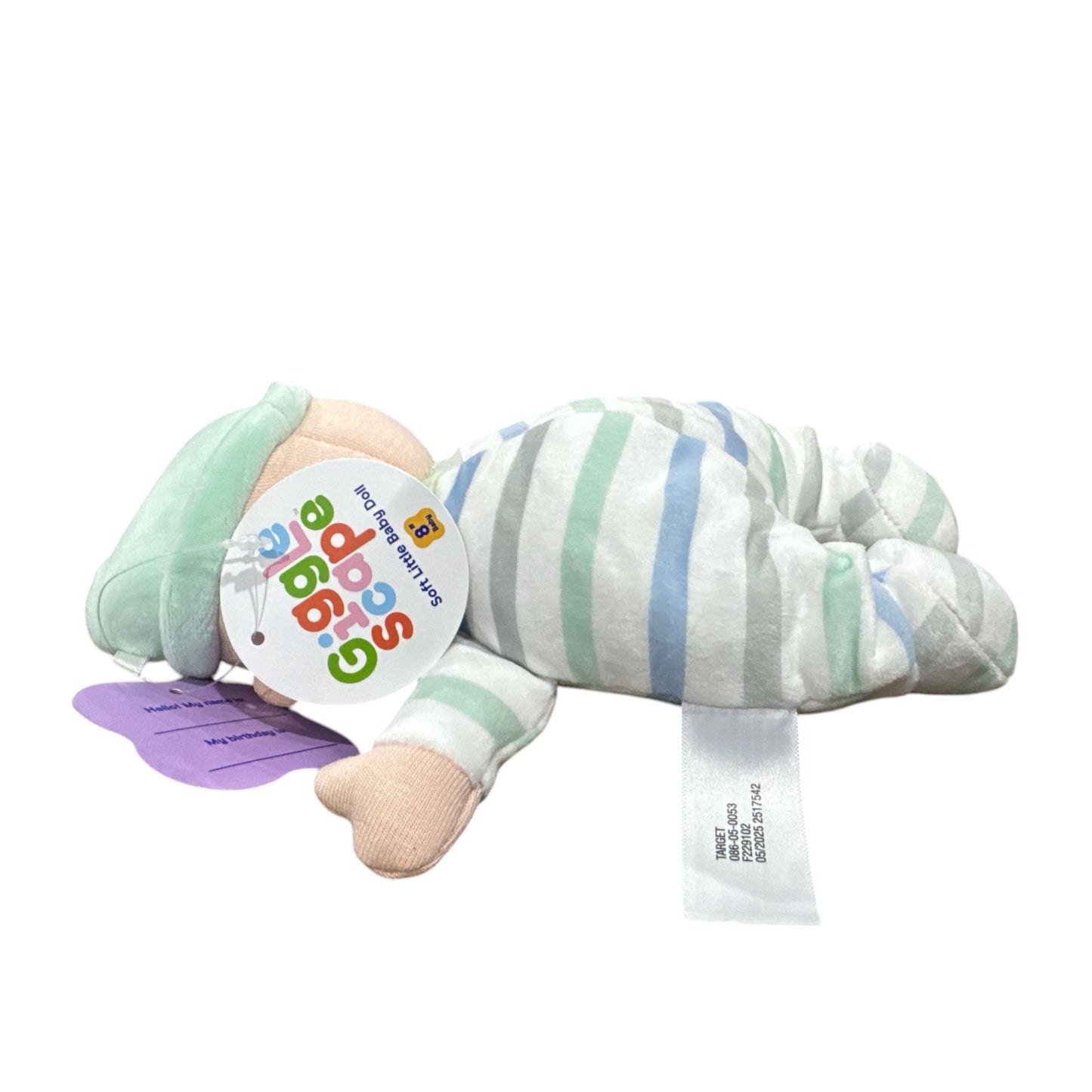 Giggle Scape Soft Little Baby Doll Plush Striped Pajamas & Mint Green Cap 9" New