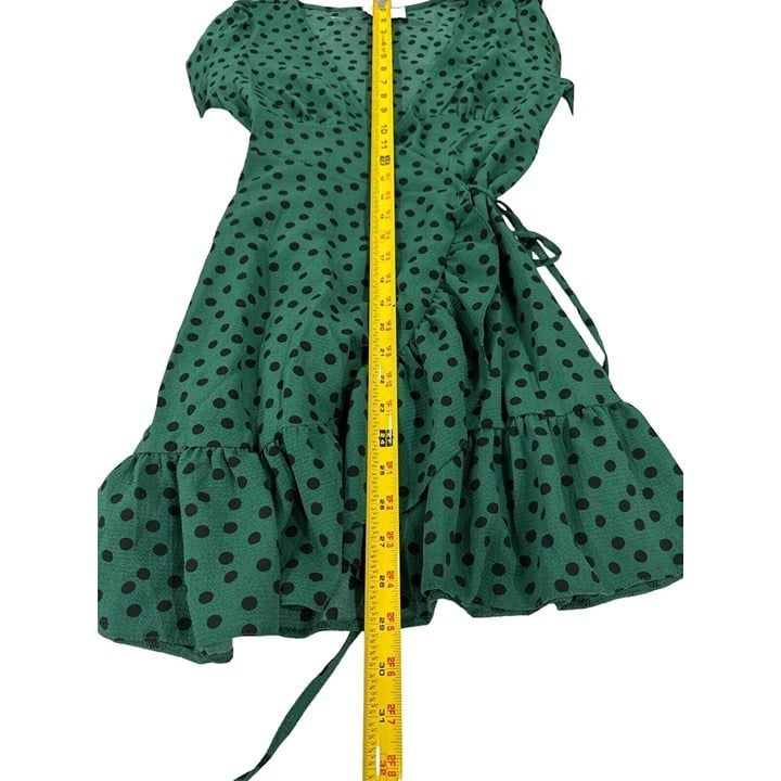 ASOS Design Green Polka Dot Wrap Mini Dress With Ruffle Hem & Long Sleeves US 2