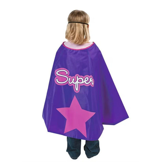 Kids Superhero Cape & Mask Set - Reversible Pink & Purple With Star & "Super" Graphic