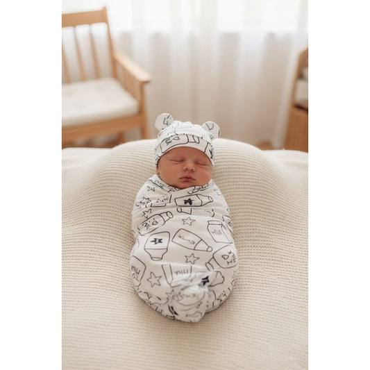 Baby Swaddle & Hat Set With Milk Bottle Print Soft Cotton Newborn Size White & Black Design