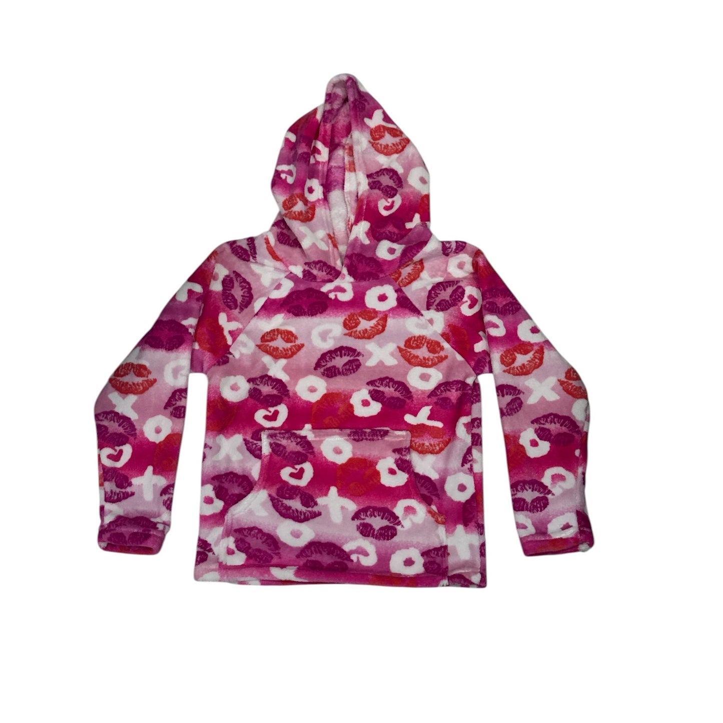 Made With Love And Kisses Girls Fleece Hoodie 8-10 Pink & Orange Lips Pattern Cozy Pullover USA-Made