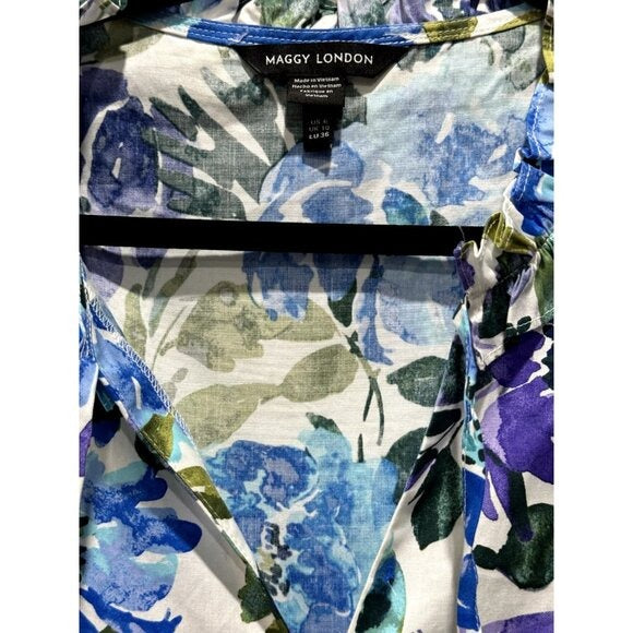 Floral Sleeveless Ruffle Dress By Maggy London Blue & Green US 6 Cotton Blend Made In Vietnam
