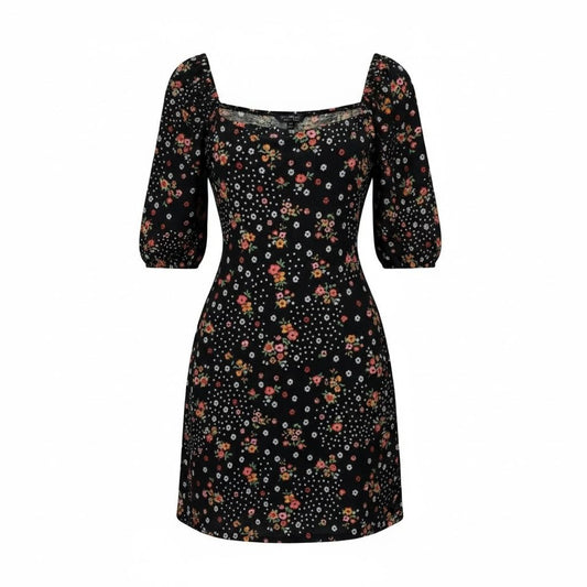 Floral Puff-Sleeve Mini Dress By Miss Selfridge Black Multicolor Sz US 4 Stretchy Fabric