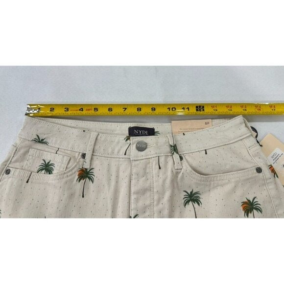 NYDJ Women's Palm Tree Print Denim Shorts With Lift Tuck Technology Size 8P Beige Distressed Hem