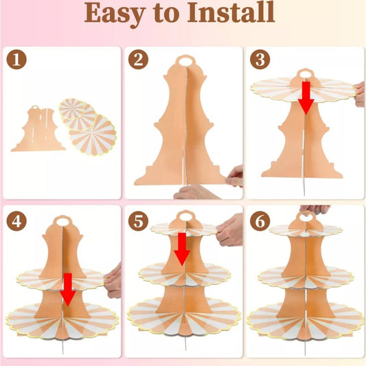 3-Tier Cardboard Cupcake Stand With Gold Trim, Orange & White Design, Easy Assembly (SET OF 2)