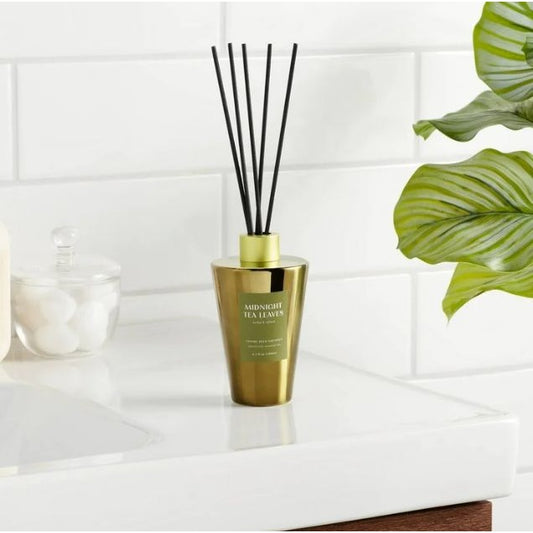 Midnight Tea Leaves Luxury Reed Diffuser 6.1 Fl Oz With 8 Reeds Herb & Refined Gold-Tone Container
