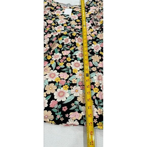 Floral Black & Pink Mini Dress With Puff Sleeves Vent Torch Small Stretchy Rayon Blend Made In USA