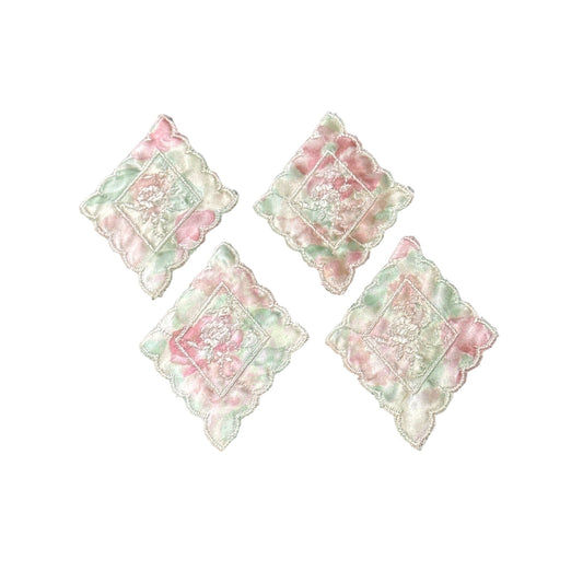 Handmade Pastel Lace Embroidered Satin Patches Set Of 4 Floral Scallop Edges 3.5"