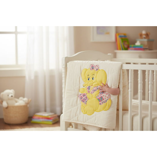 Yellow Elephant Patch Fabric Appliqué With Pink Bow & Patchwork 16"x10"
