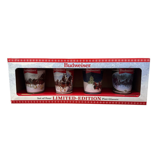 Budweiser Limited-Edition Holiday 16oz Pint Glasses Set Of 4 Featuring Clydesdale Images Gift Boxed