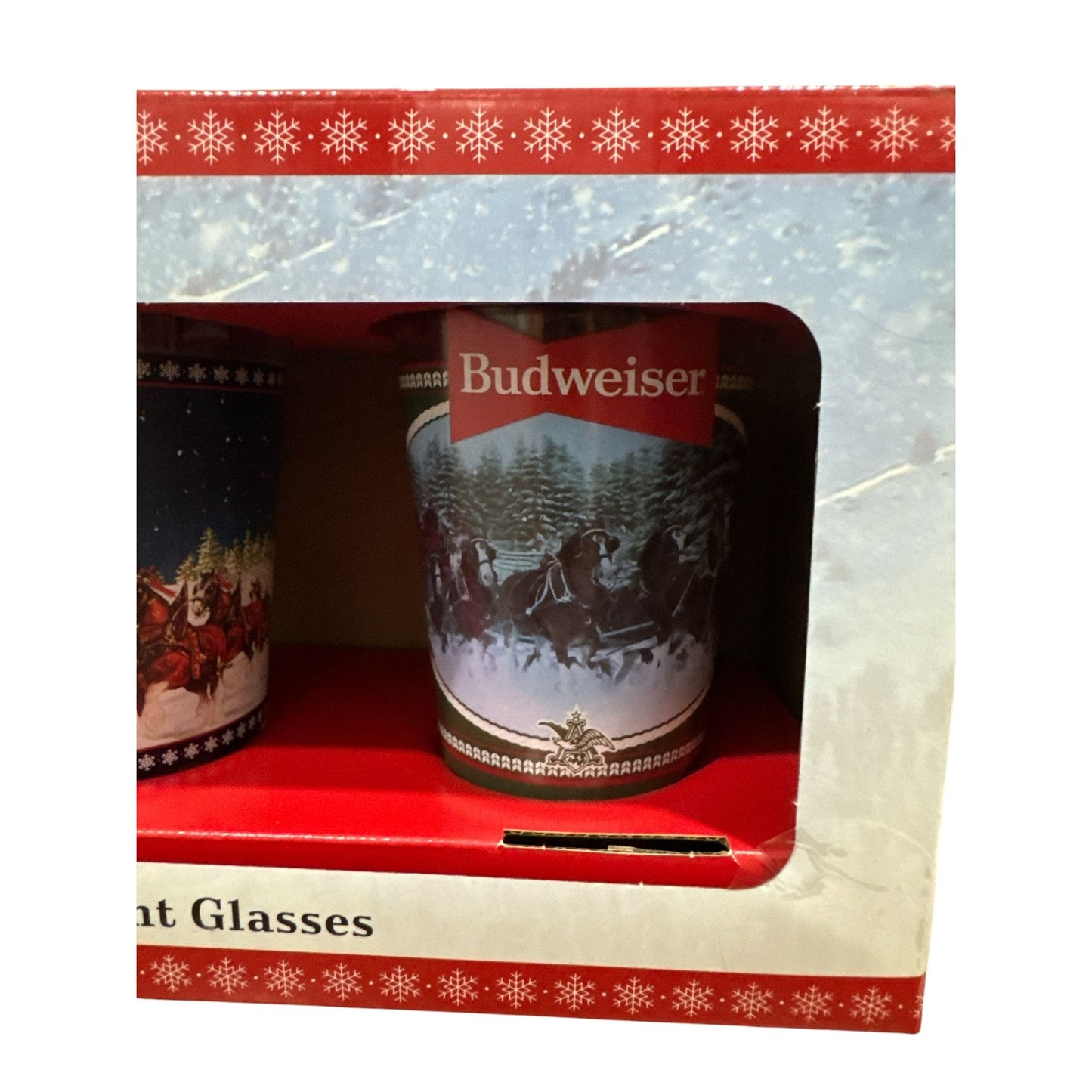 Budweiser Limited-Edition Holiday 16oz Pint Glasses Set Of 4 Featuring Clydesdale Images Gift Boxed