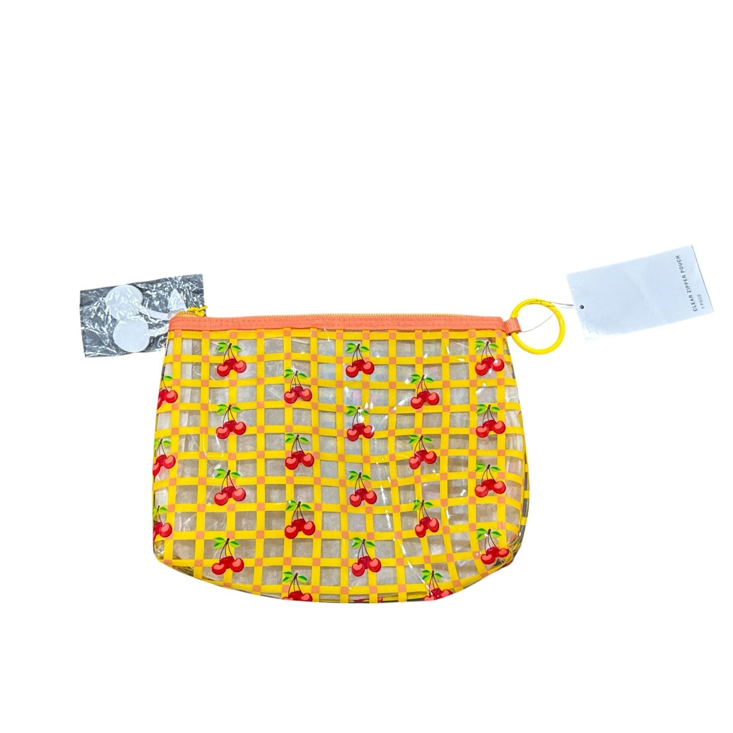 Clear Cherry-Print Zipper Pouch With Yellow Grid Zipper & Cherry Charm