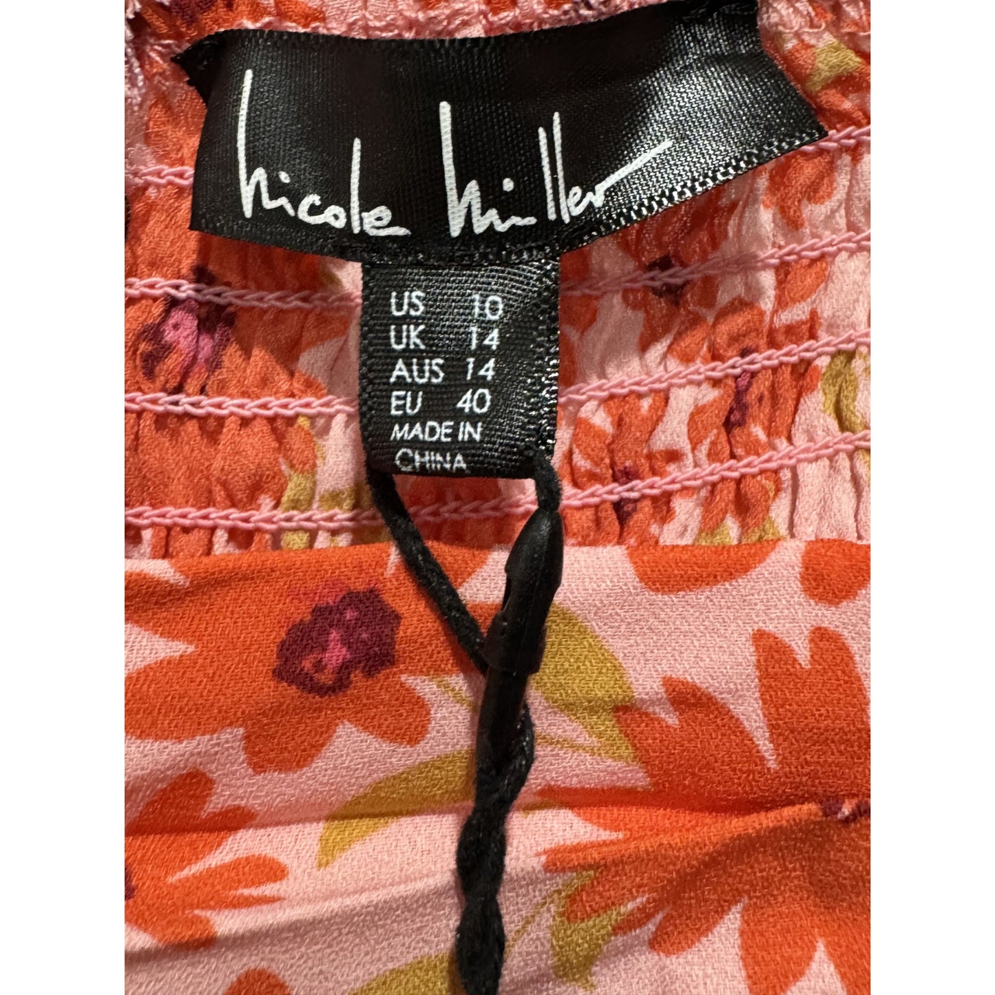 Nicole Miller Floral Print Ruched Long Sleeve Dress Square Neckline Size 10 Pink & Orange