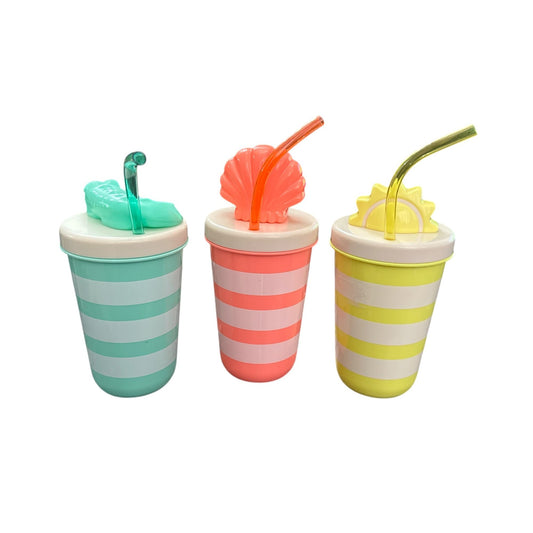 Set Of 3 Kids Striped Cups With Fun Animal & Beach-Themed Lids And Straws by Sun Squad