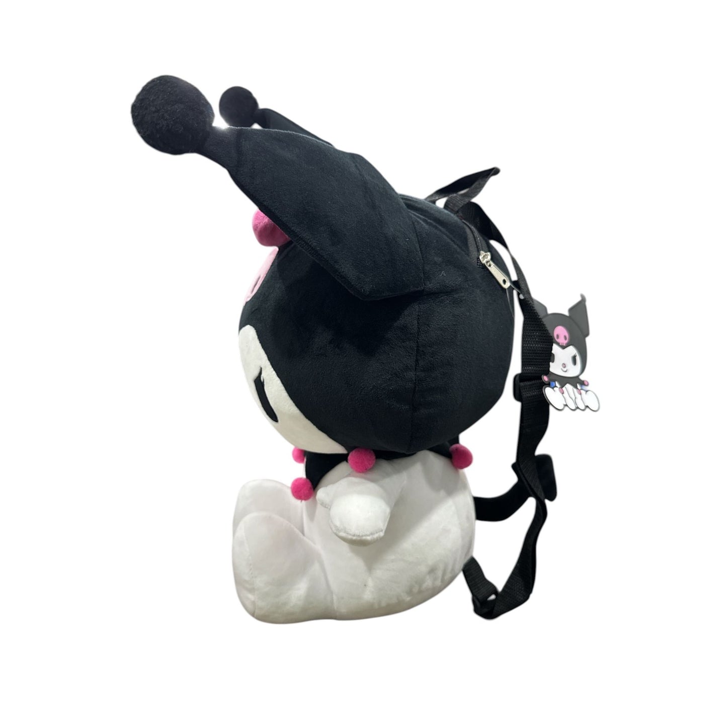 Kuromi Plush 16" Backpack With Adjustable Straps Soft Black & White Fabric Pink Bow Accent