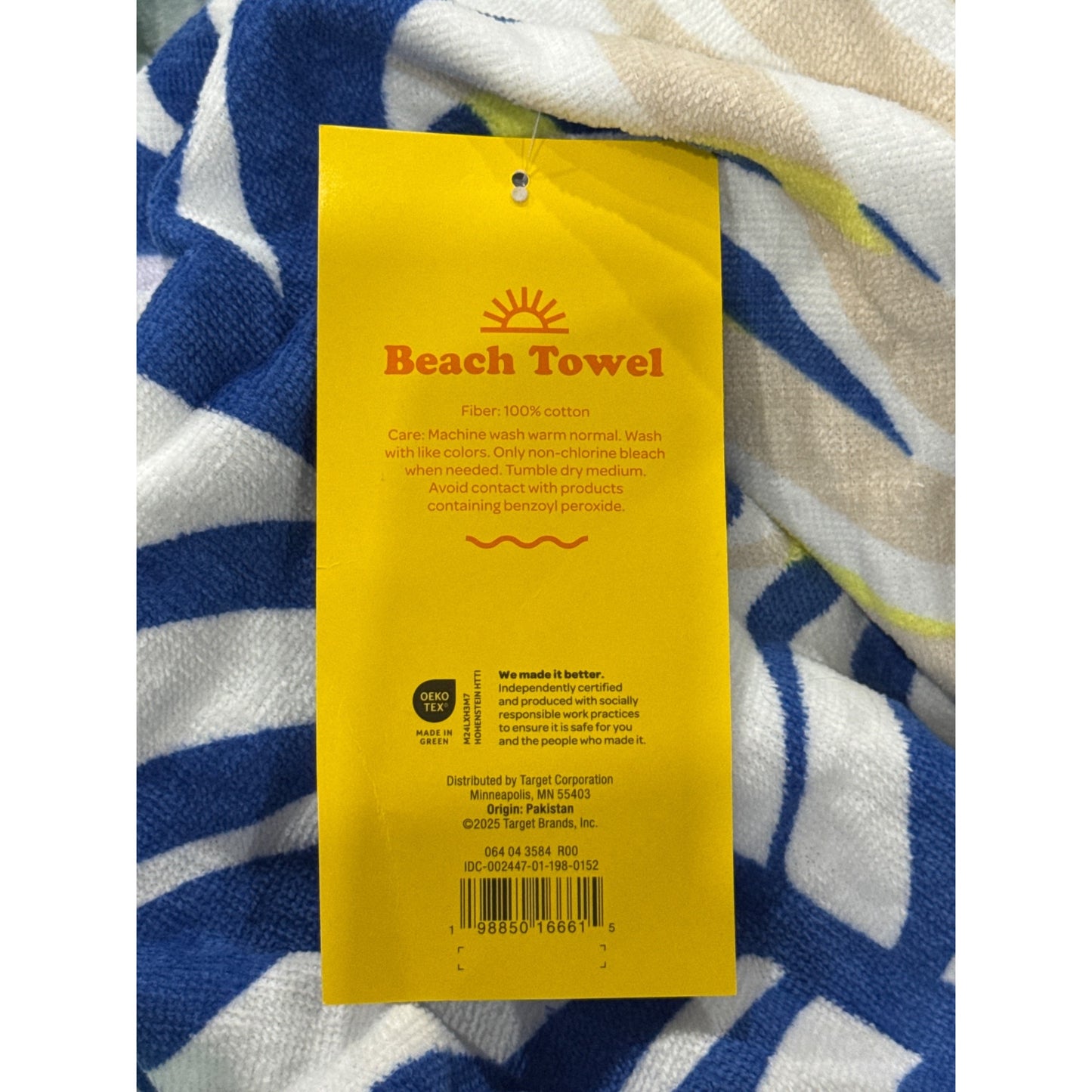 Sun Squad Tropical Print Cotton Beach Towel 32" X 62" Blue & Pastel Leaves Design