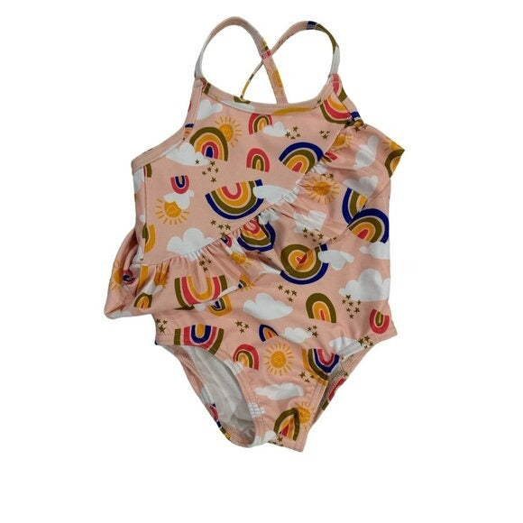 Tucker + Tate Pink Rainbow One-Piece Swimsuit Girls UPF 50+ Size 2 With Ruffle Accents
