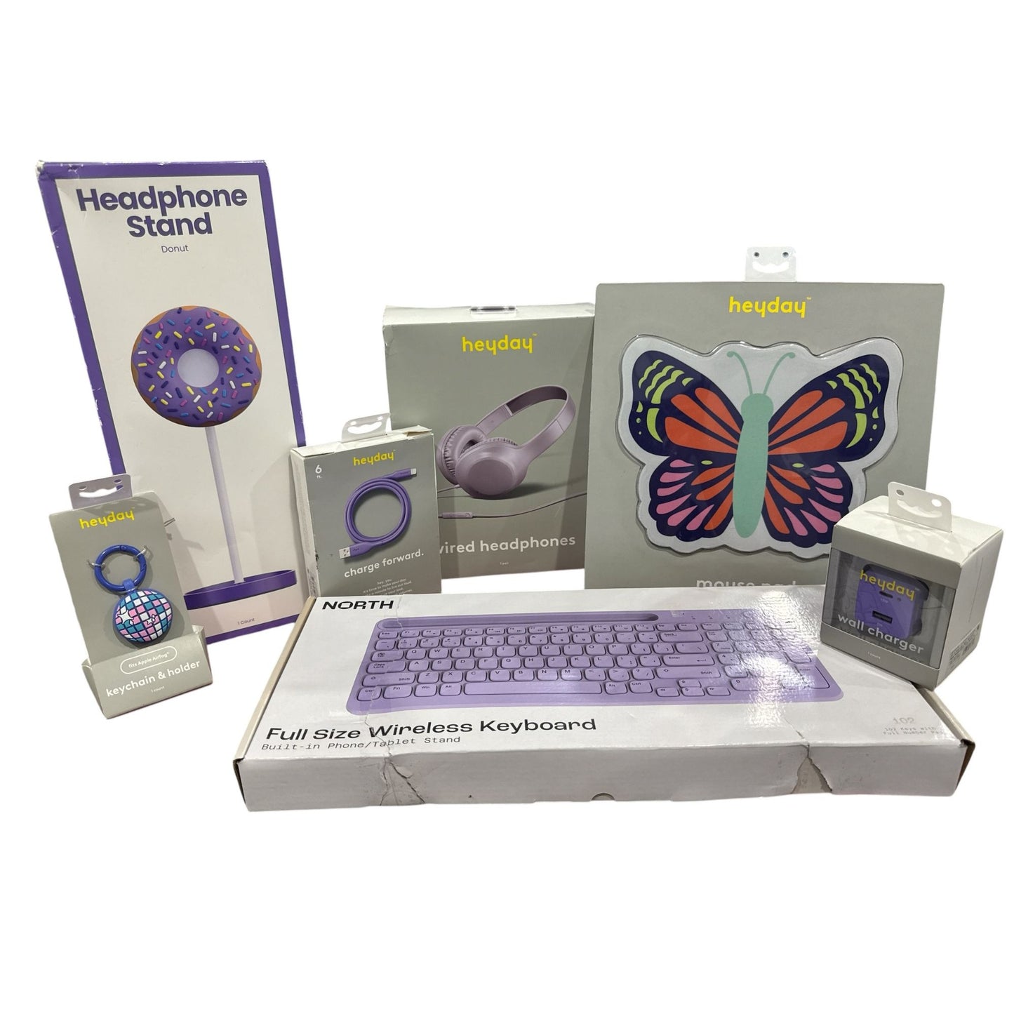 Lavender Desk Bundle: Wireless Keyboard, Headphones, Mouse Pad, Keychain, Charging Cable, Wall Charger & Headphone Stand