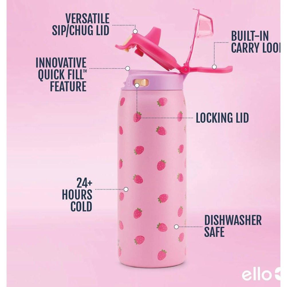 Ello Kids 18 Oz Pink Strawberry BPA-Free Locking Lid Water Bottle