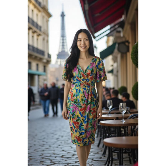 Maggy London Floral Wrap Midi Dress Short Sleeve Yellow Multicolor Size 0