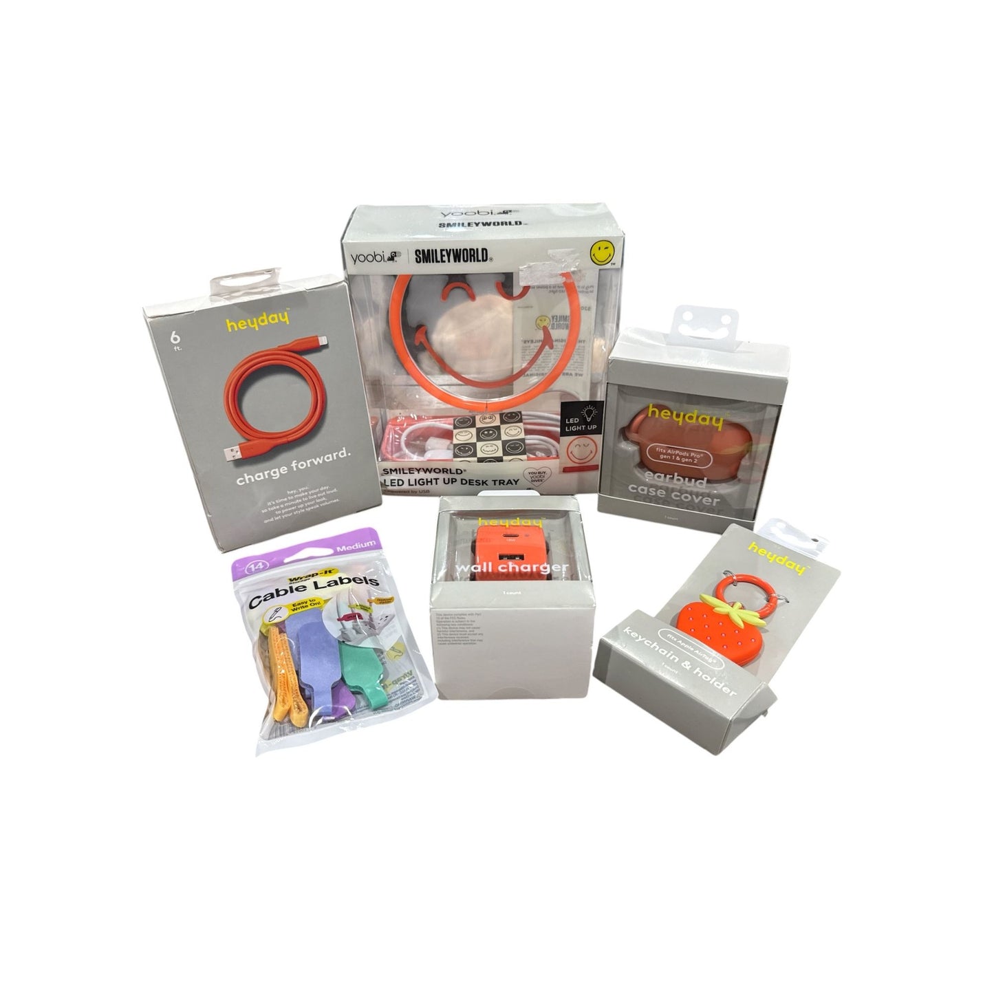 Heyday & SmileyWorld Accessories Bundle: Wall Charger, Charging Cable, LED Tray, Earbud Case Cover, Keychain & Wrap-It Cable Labels
