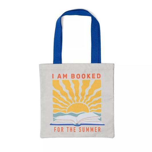 Canvas Tote Bag With "I Am Booked For The Summer" Print, Blue Handles Lightweight & Reusable