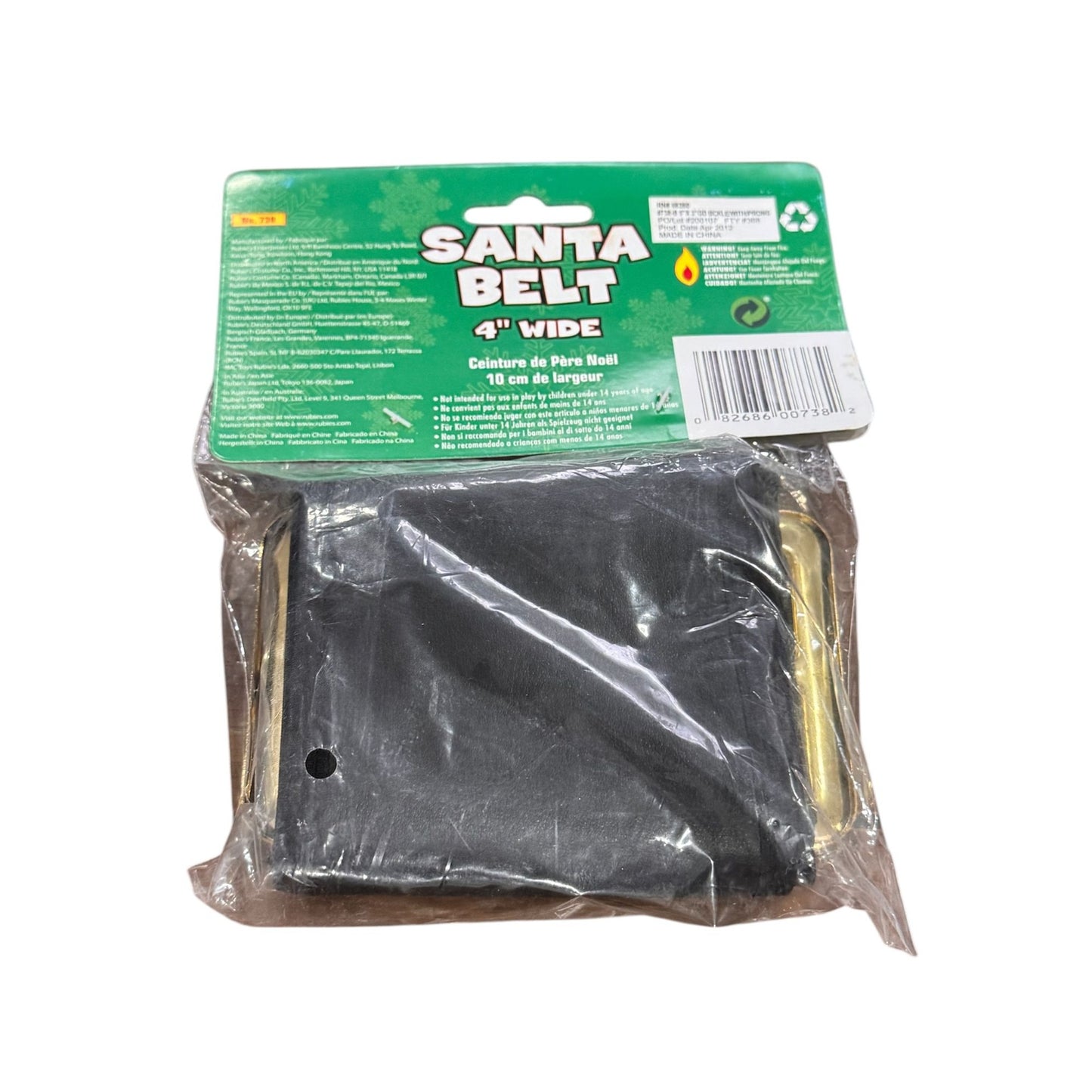 Santa Belt 4" Wide Black With Gold Buckle For Costume Use - One size fits waist sizes 48-54