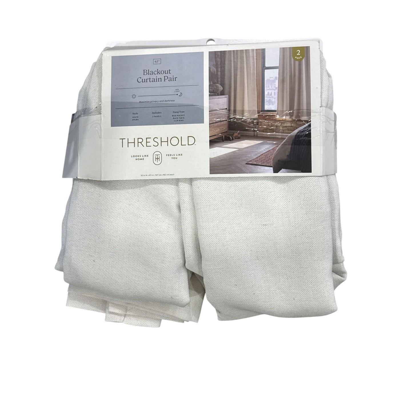 Threshold Blackout Curtain Pair 63" Long White Aruba 2 Panels 3-In-1 Hanging Style