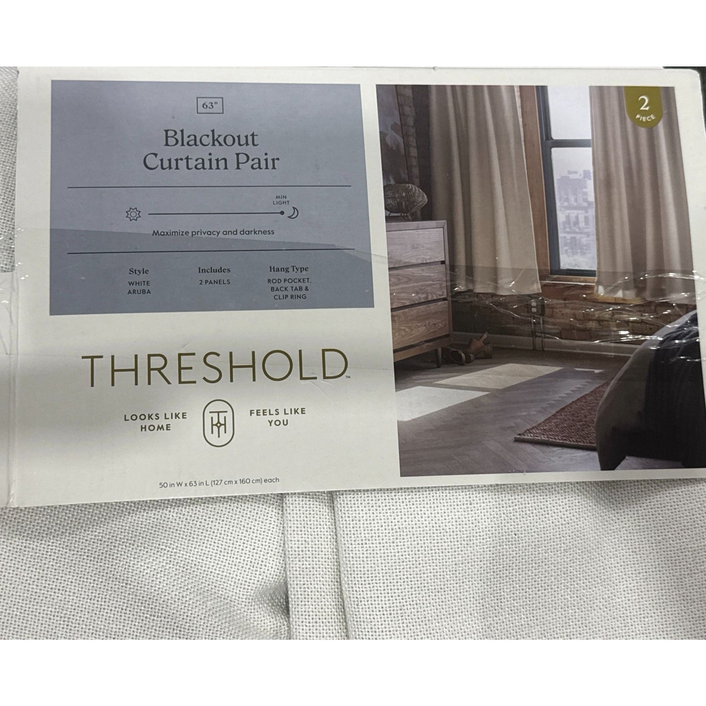 Threshold Blackout Curtain Pair 63" Long White Aruba 2 Panels 3-In-1 Hanging Style