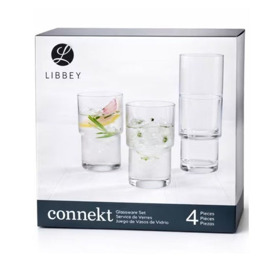 Libbey Connekt Glassware Set 4-Piece 16oz Durable Clear Stackable Drinking Glasses