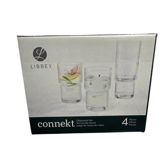 Libbey Connekt Glassware Set 4-Piece 16oz Durable Clear Stackable Drinking Glasses