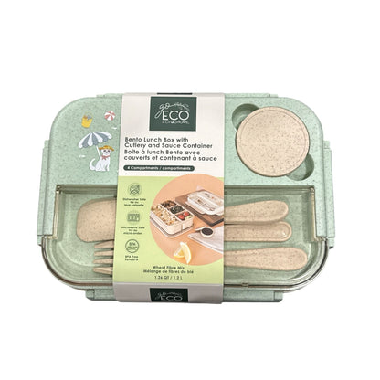 Bento Lunch Box With Cutlery & Sauce Container BPA-Free Microwave & Dishwasher Safe 4 Compartments Wheat Fiber 1.26QT By CirqaHome