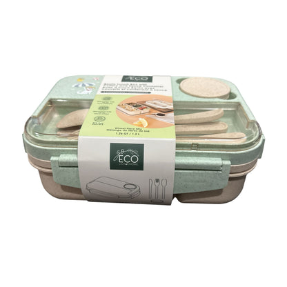 Bento Lunch Box With Cutlery & Sauce Container BPA-Free Microwave & Dishwasher Safe 4 Compartments Wheat Fiber 1.26QT By CirqaHome