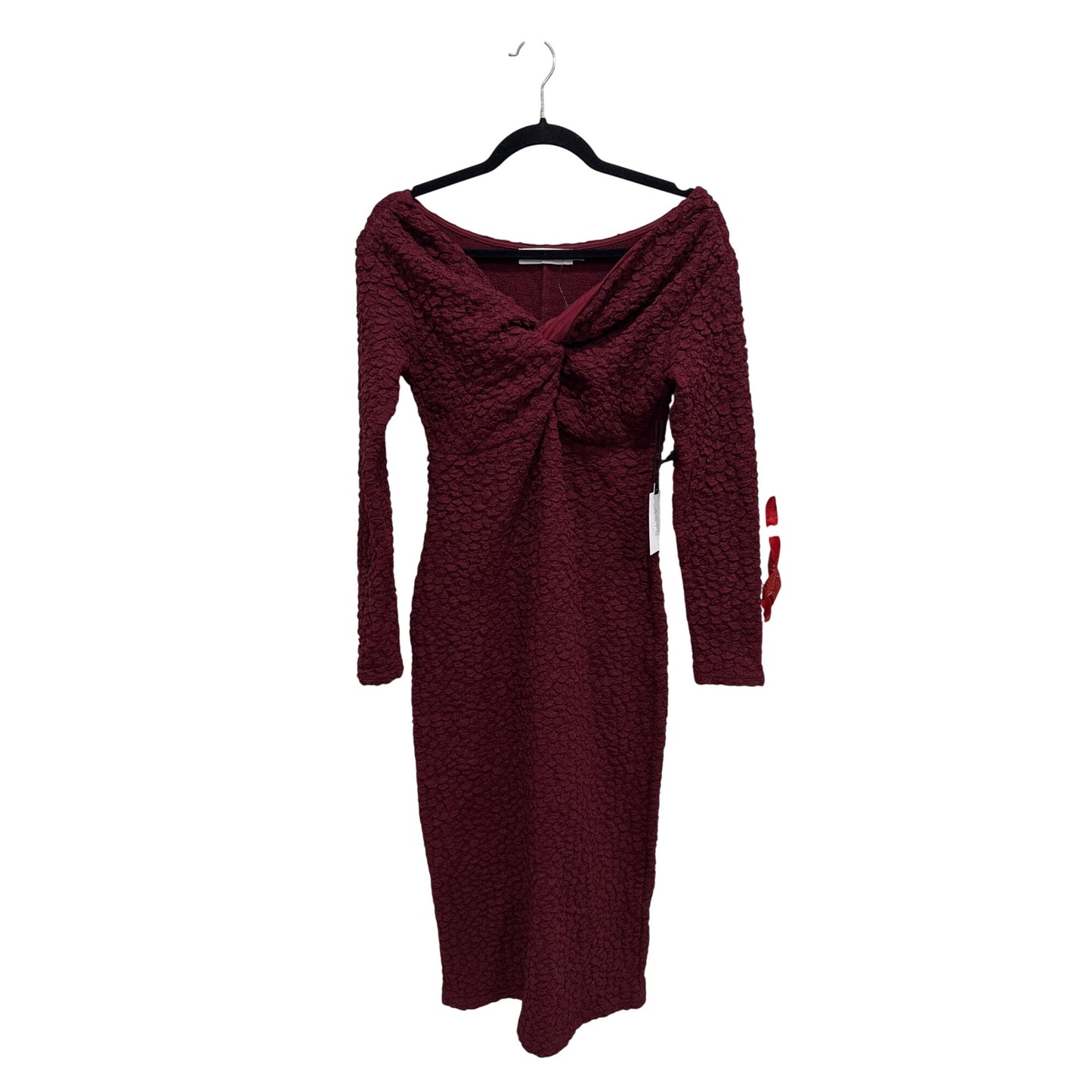 Astr The Label - Burgundy Textured Knit Knot Front Off the Shoulder Long Sleeve Midi Dress Size M