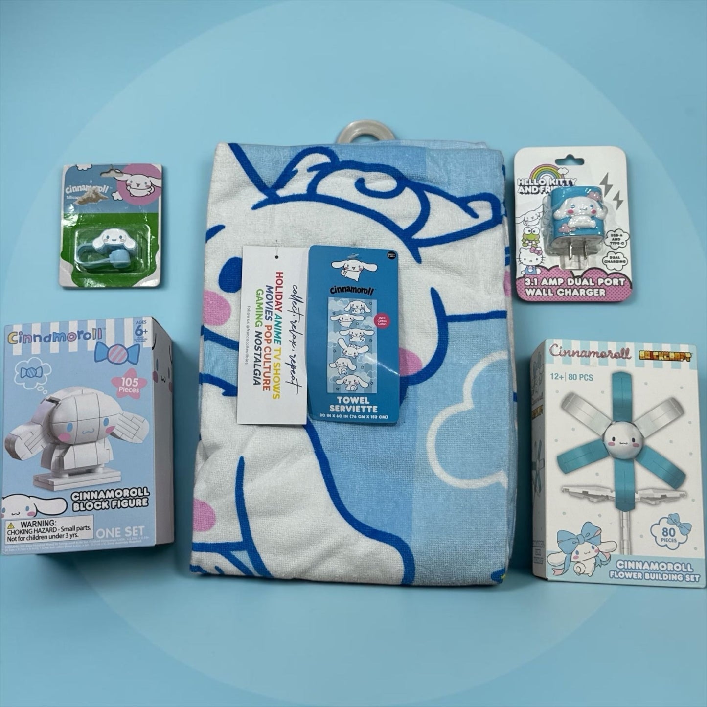 Sanrio Cinnamoroll Gift Set With Towel Block Figure Flower Building Set & Dual Port Wall Charger