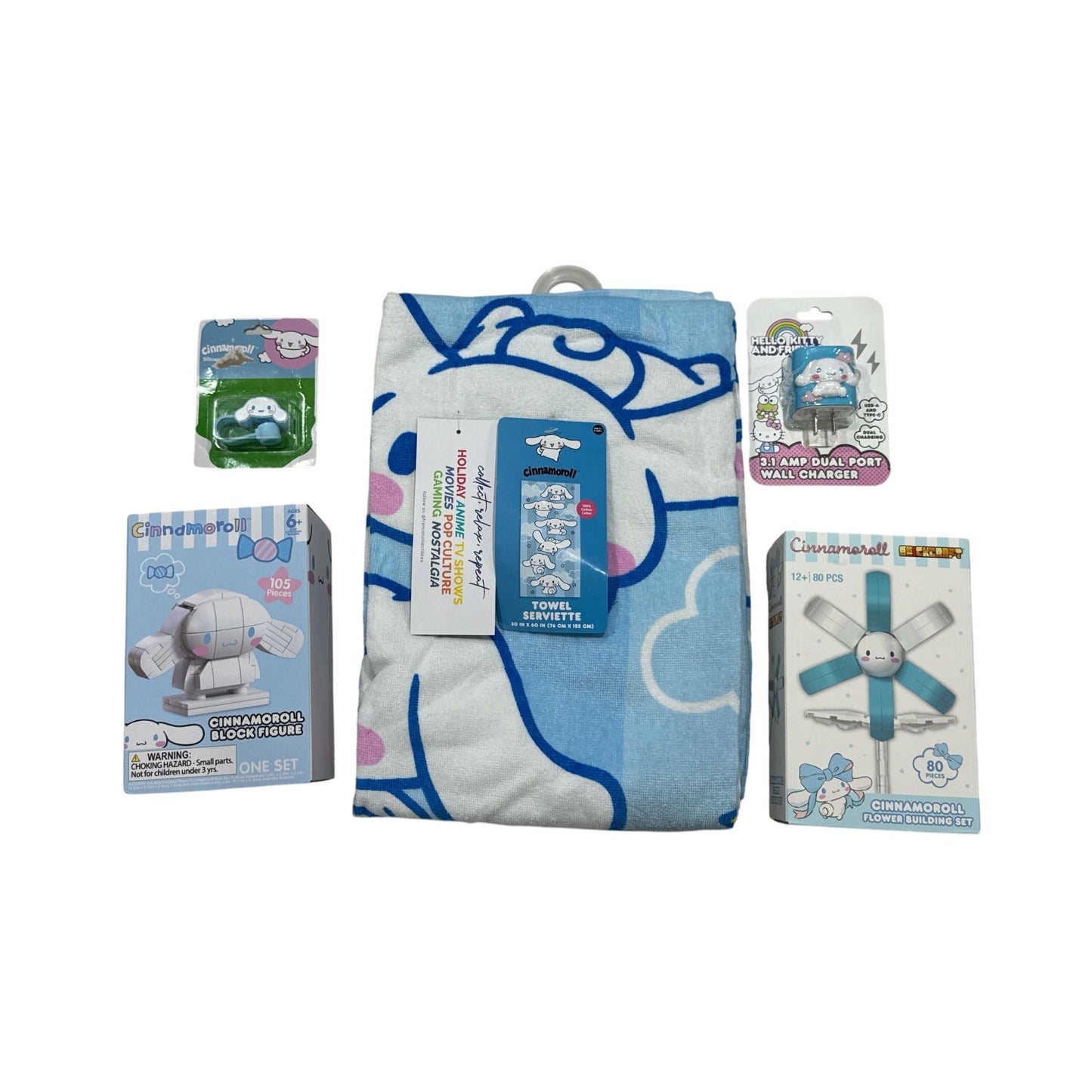 Sanrio Cinnamoroll Gift Set With Towel Block Figure Flower Building Set & Dual Port Wall Charger