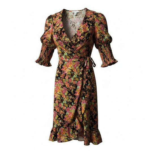 Topshop Floral Wrap Dress With Ruffle Hem & Smocked Sleeves Size US 4