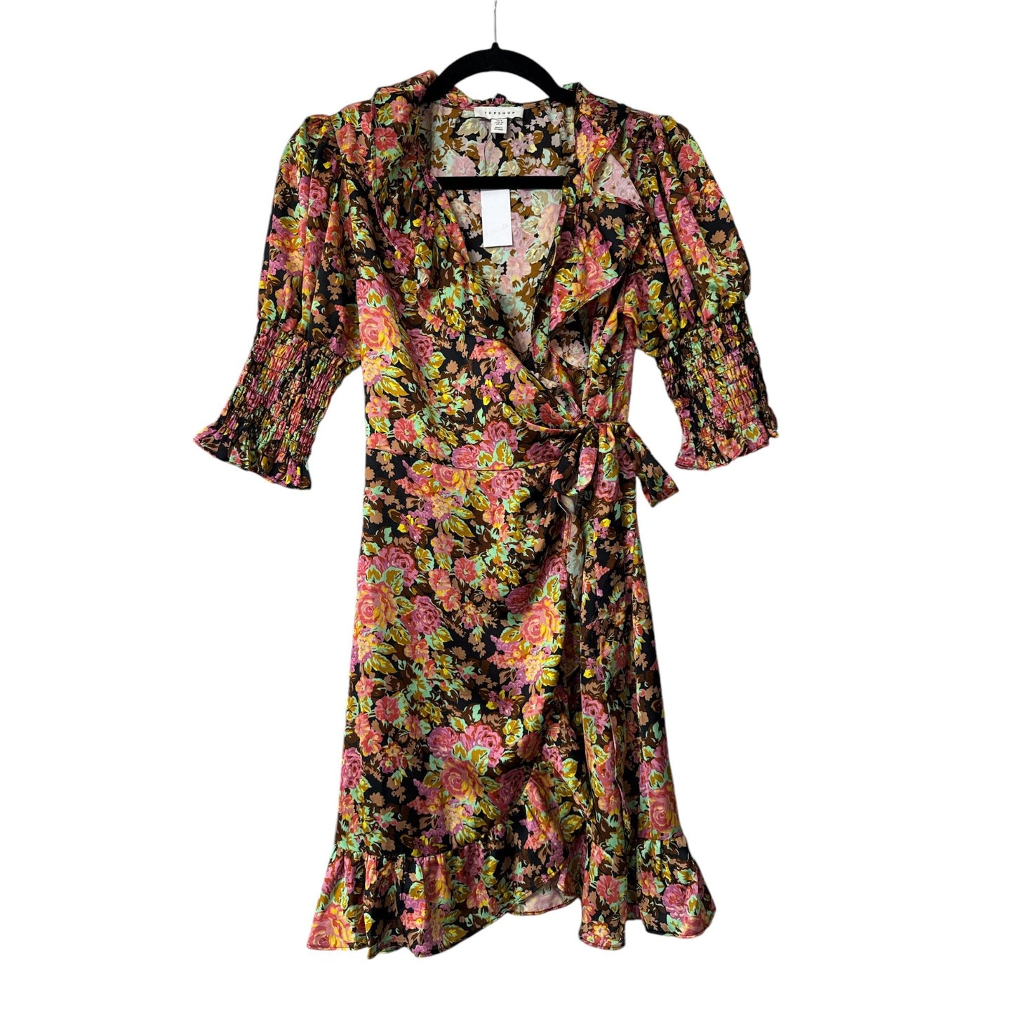Topshop Floral Wrap Dress With Ruffle Hem & Smocked Sleeves Size US 4