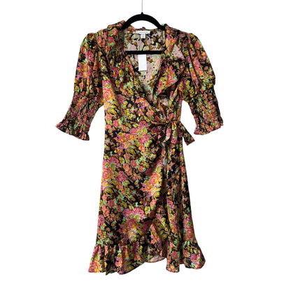Topshop Floral Wrap Dress With Ruffle Hem & Smocked Sleeves Size US 4