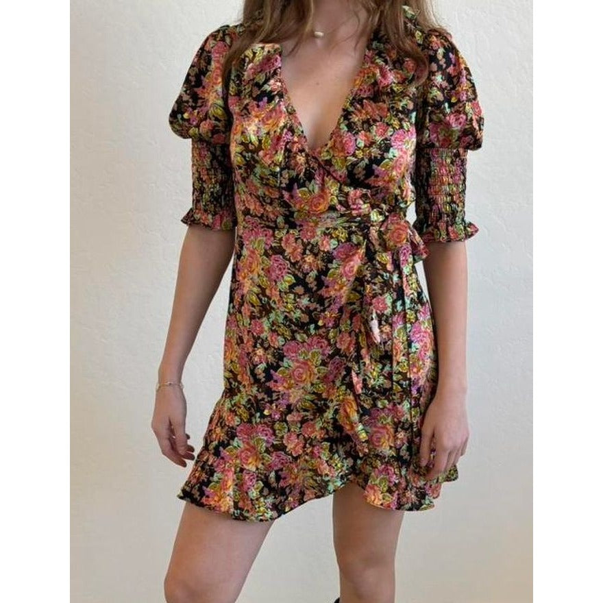 Topshop Floral Wrap Dress With Ruffle Hem & Smocked Sleeves Size US 4