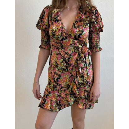Topshop Floral Wrap Dress With Ruffle Hem & Smocked Sleeves Size US 4