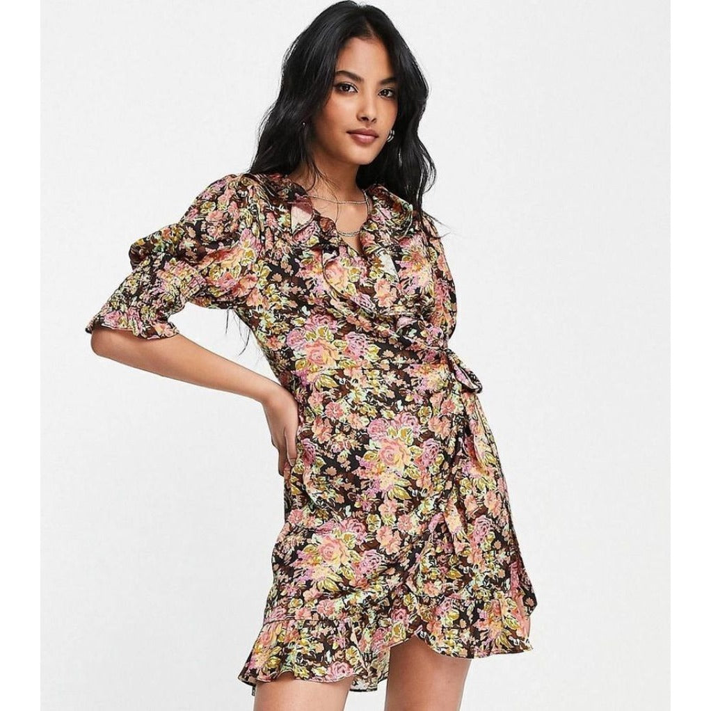 Topshop Floral Wrap Dress With Ruffle Hem & Smocked Sleeves Size US 4