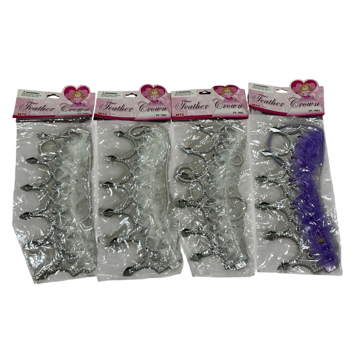Feather Crown (Set Of 4) 3 Silver & 1 Silver With Purple  Dress-Up Accessories For Kids
