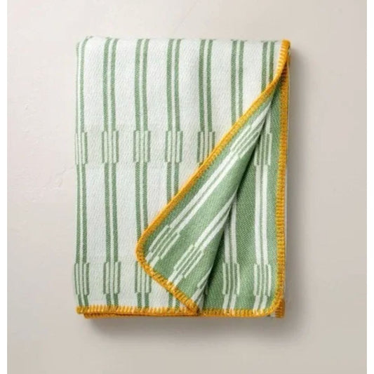 Hearth & Hand Green & White Striped Cotton Throw Blanket With Yellow Edging 50" X 60"