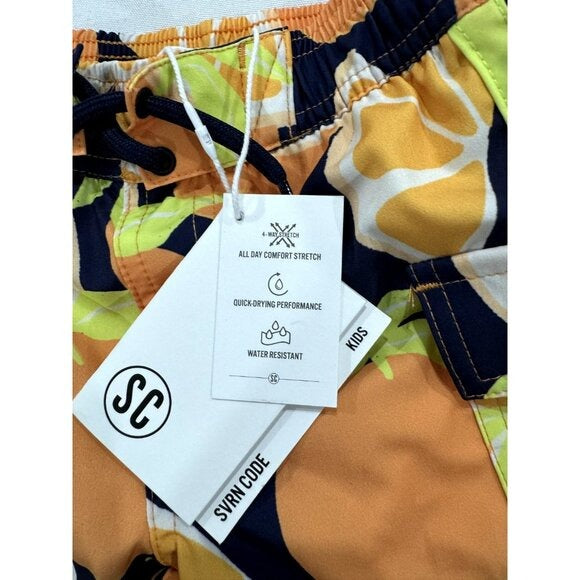 SVRN Code Kids Orange & Navy Swim Shorts With Citrus Print Size 2T