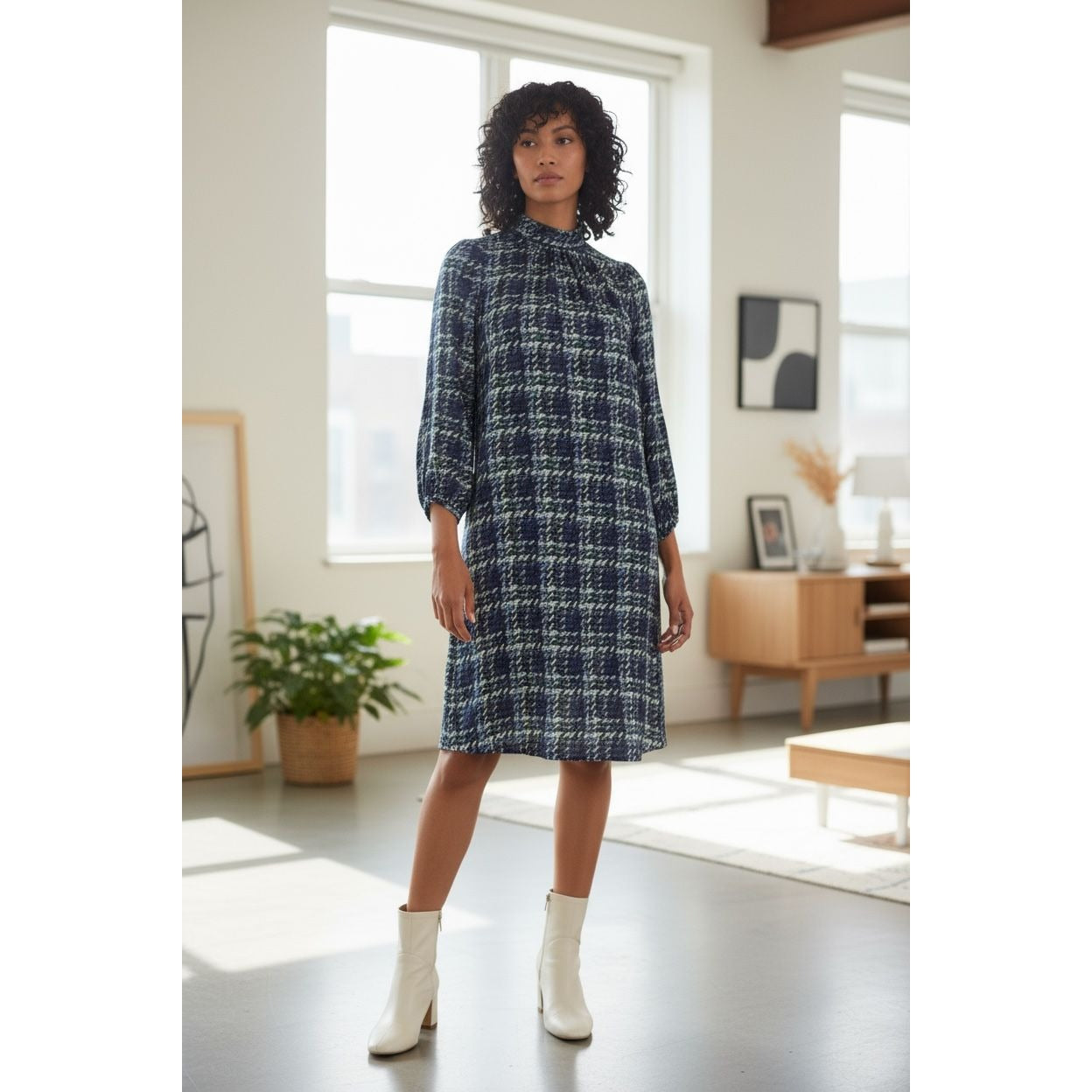 Misook Women's Long-Sleeve Printed Dress Size L Blue/Green Plaid Lightweight Fabric High Neck