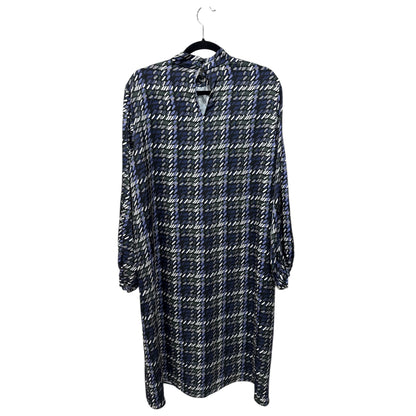 Misook Women's Long-Sleeve Printed Dress Size L Blue/Green Plaid Lightweight Fabric High Neck