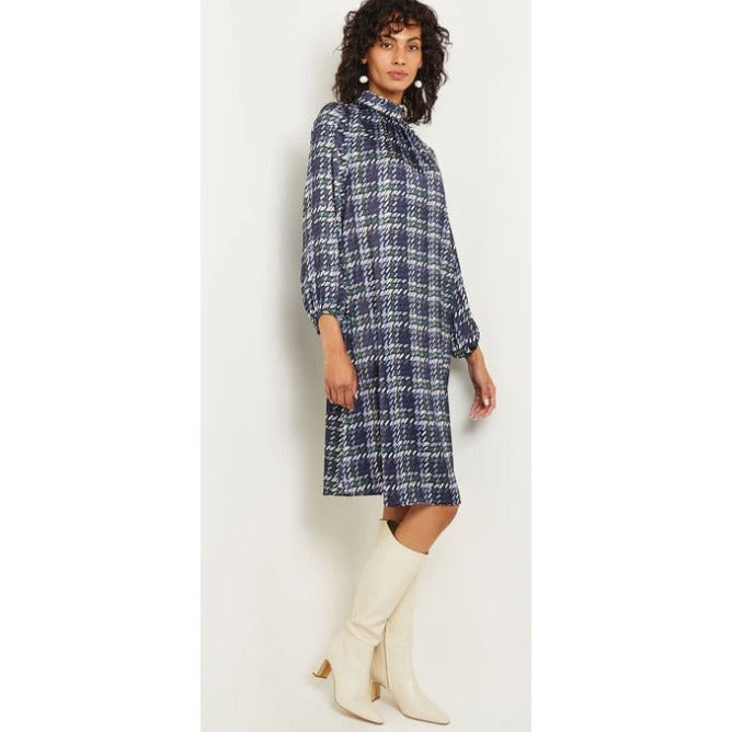 Misook Women's Long-Sleeve Printed Dress Size L Blue/Green Plaid Lightweight Fabric High Neck